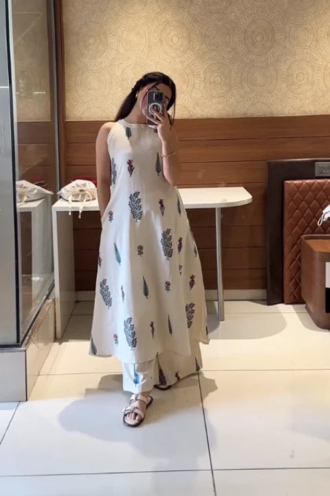 Ethnic Wear White Printed Kurta With Pant