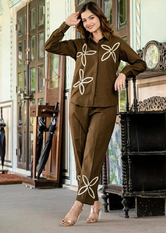Women’s Brown Cotton Slub Co-ord Set with Aari Embroidery