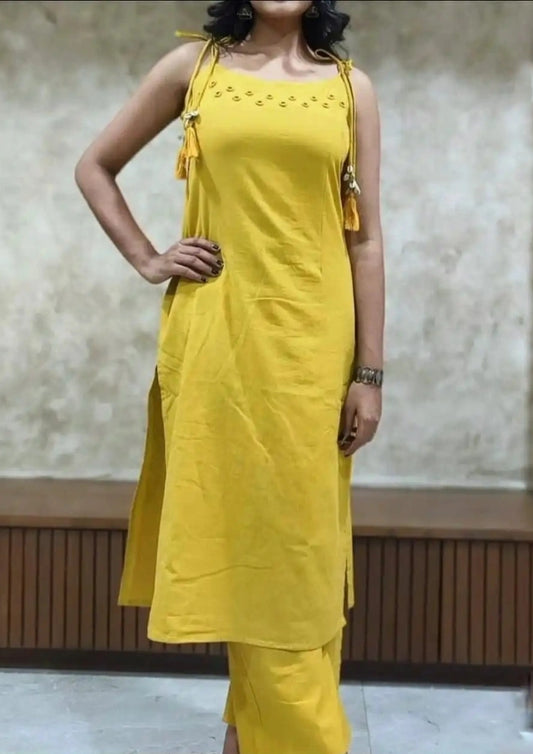 Aabroo Mirror Work Cotton Sleeveless Kurta Pant Coord Set