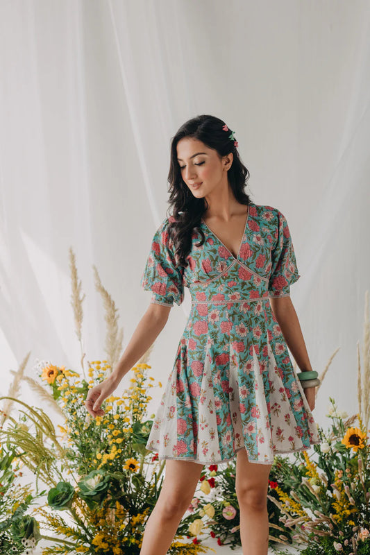 Christina Multicolour Floral Printed Short Cotton Dress