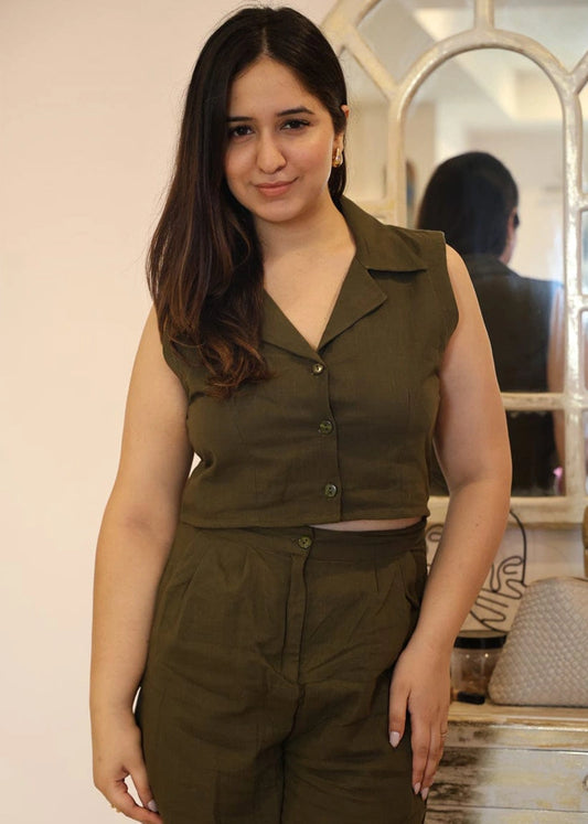 OLIVE GREEN LINEN COORD SET