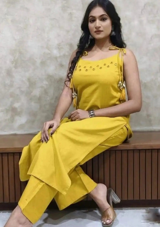 Aabroo Mirror Work Cotton Sleeveless Kurta Pant Coord Set