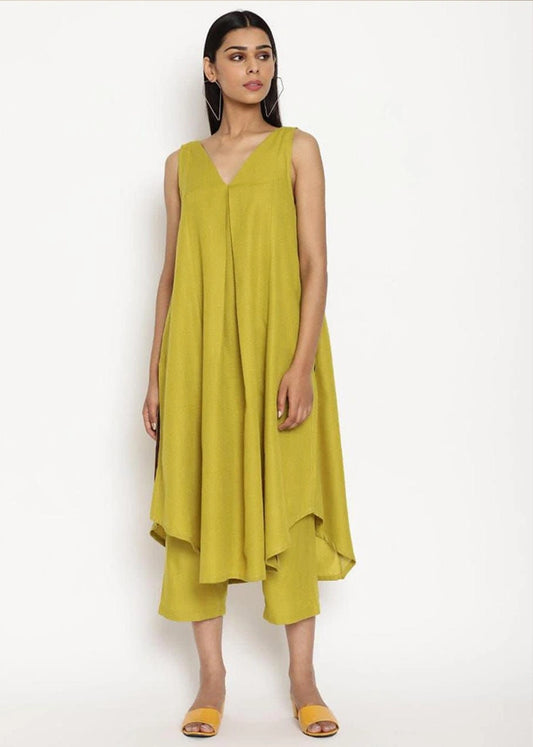 Cotton Linen Sleeveless Flared Kurta Pant Set