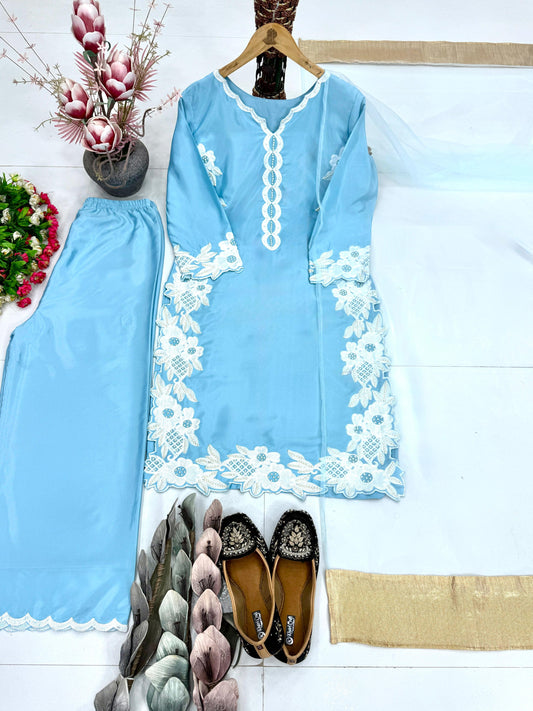 Designer Heavy Natural Silk Top Palazzo Suit Set