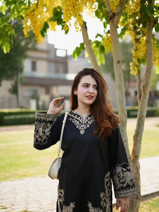 Elegant Black Muslin Cotton Embroidered Kurti Plazzo Cord Set