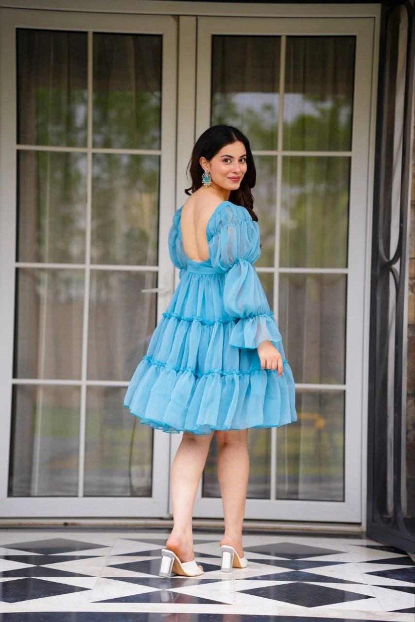 Blue Bell Mini Dress Fox Georgette Party Dress AnokhiVastra Blue Bell Mini Dress Fox Georgette Party Dress AnokhiVastra