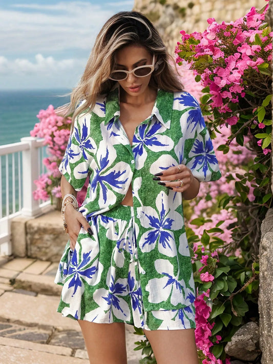 AnokhiVastra 2-Piece Set: Woven Printed Loose Shirt & High Waist Loose Shorts for Women, Summer