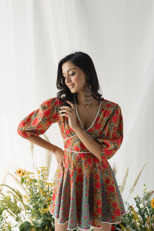 Leah Multicolour Floral Printed Short Cotton Dress