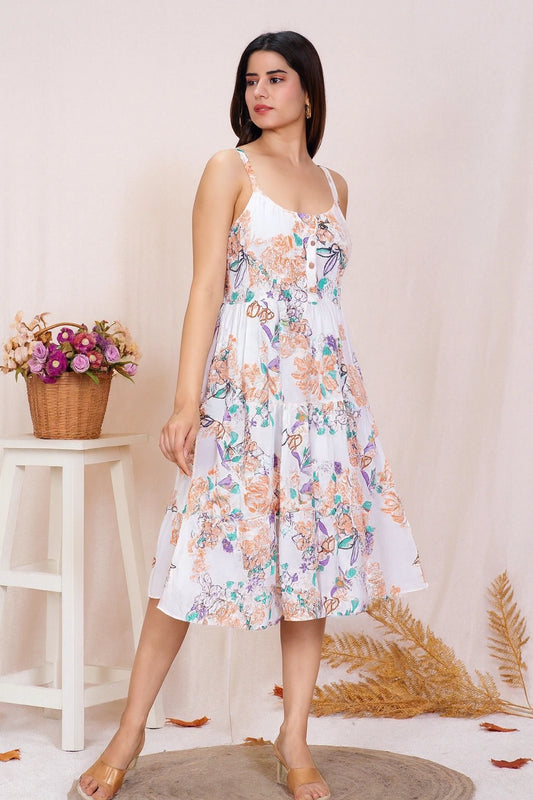 Nityaa Cotton Printed Adjustable Strap Midi Beachwear Dress