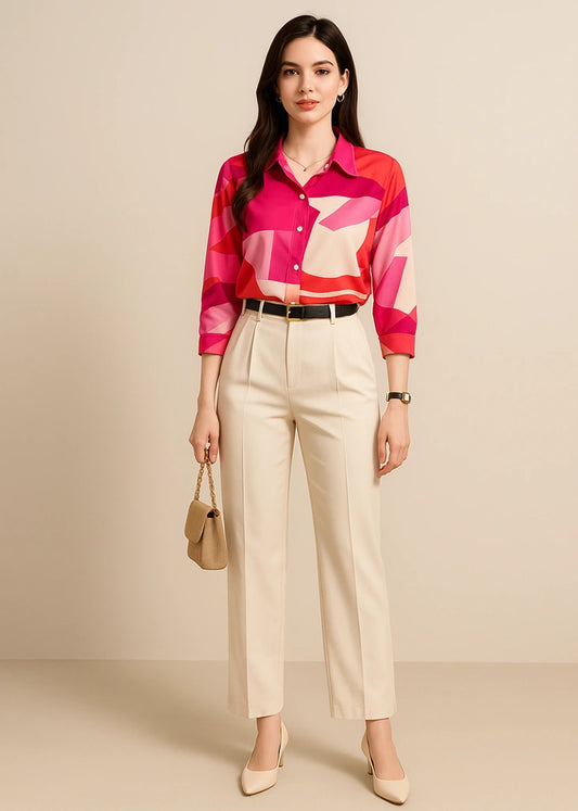 vibrant Women’s red-pink abstract printed shirt