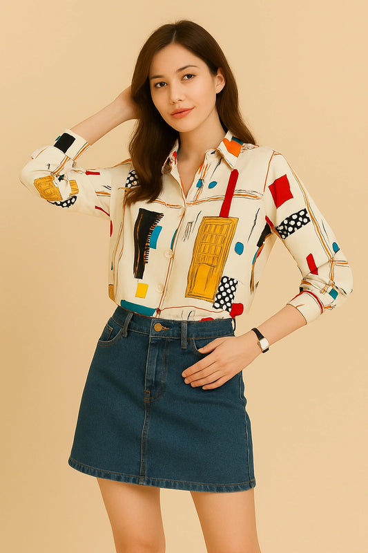 Women Colorblock Graphic Print Polo Collar Button Shirt, Casual Long Sleeve