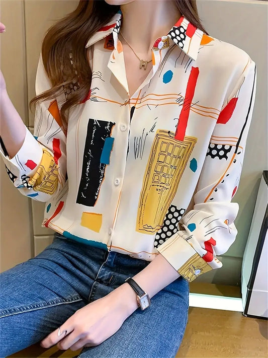Women Colorblock Graphic Print Polo Collar Button Shirt, Casual Long Sleeve