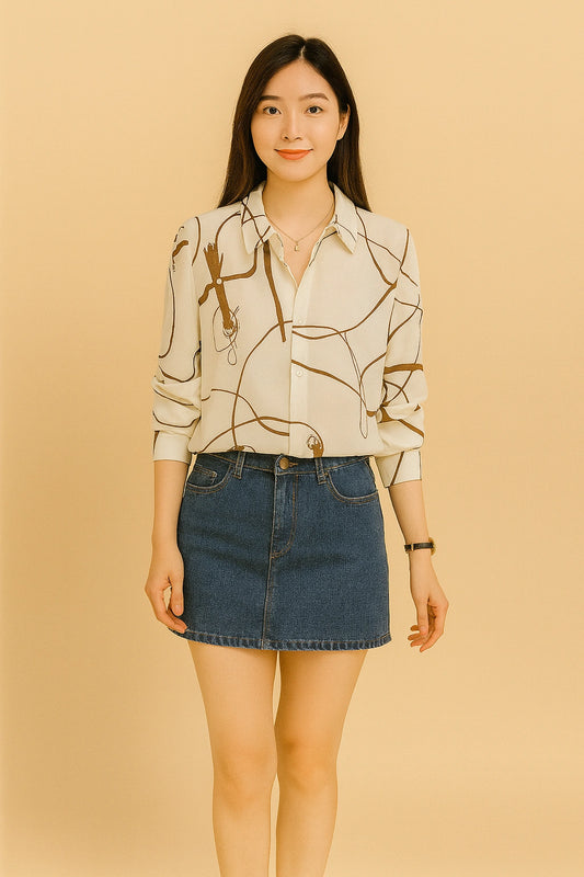 Abstract Printed Cutaway Collar Long Sleeves Cotton Shirt