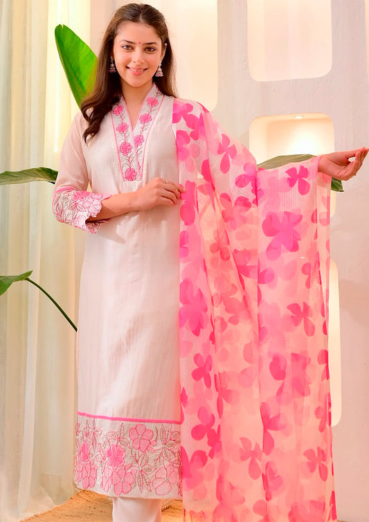 Summer Special Cotton Kurti Set with Embroidered Detailing & Kota Doria Dupatta