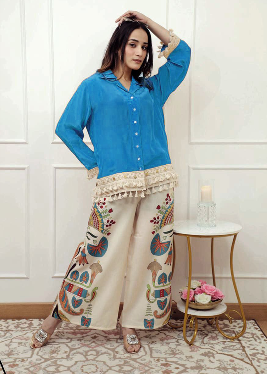 Women’s Blue Pure Cotton Lace-Trimmed Shirt with Embroidered Pants Co-ord Set