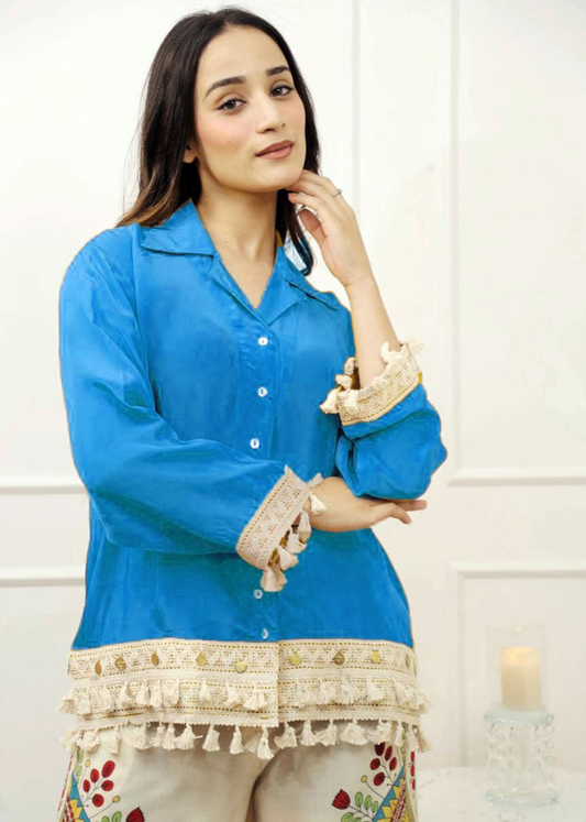 Women’s Blue Pure Cotton Lace-Trimmed Shirt with Embroidered Pants Co-ord Set