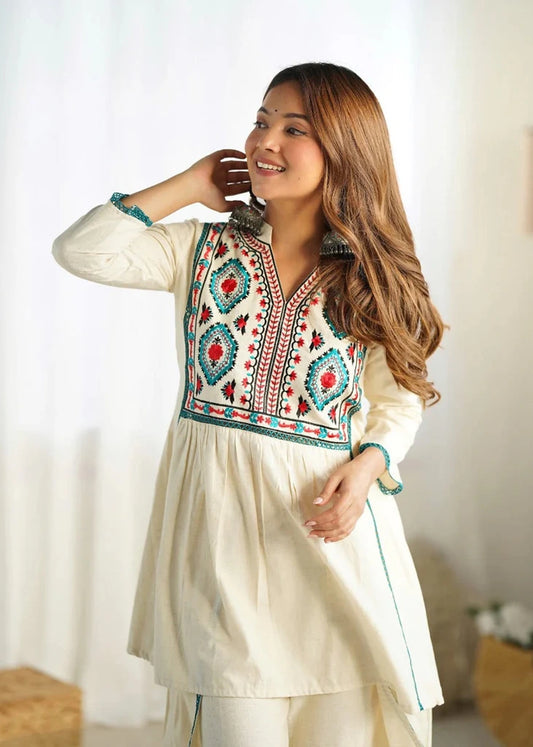 Designer Embroidered Cotton Flex Kurta paired with Freestyle Pants or Palazzo