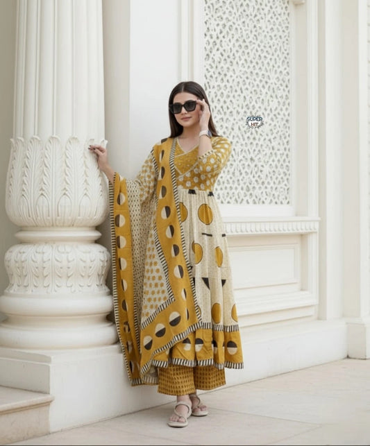 Women Cotton Anarkali Kurti Set with Palazzo & Dupatta