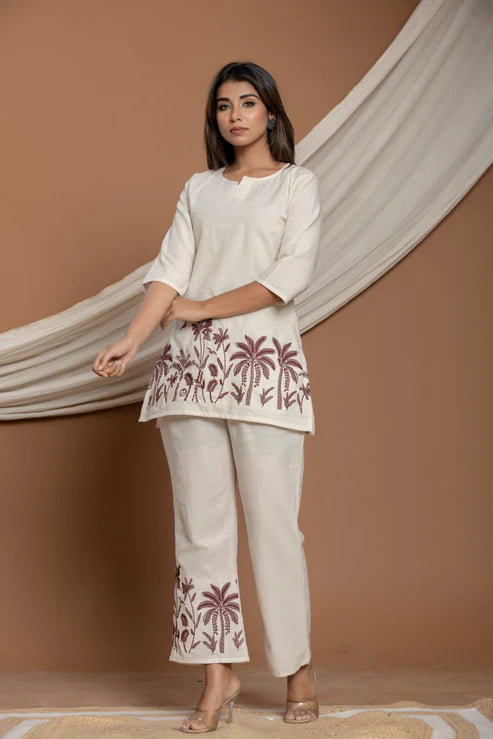 White Cotton Embroidered Co-ord Set For Women