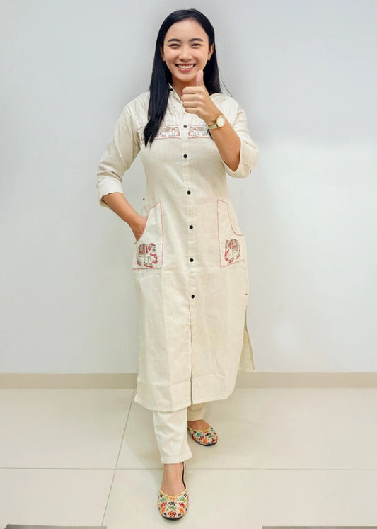 Stylish embroidered cotton kurti with pant set