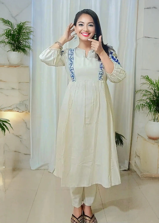 Beautiful Cotton Embroidery Off-white Cotton Kurta Set