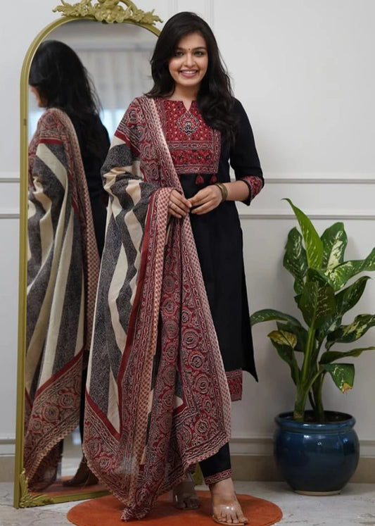 Pure Cotton Ajrakh Print Straight Kurta with Trousers and Dupatta – 3-Piece Set