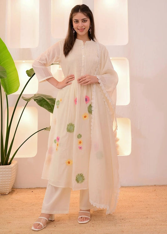 Ivory Pastel Garden Threadwork Pure Cotton Suit