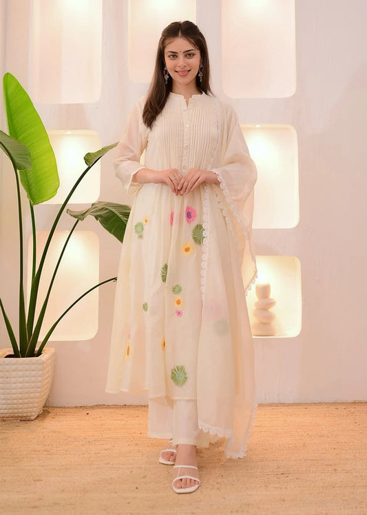 Ivory Pastel Garden Threadwork Pure Cotton Suit