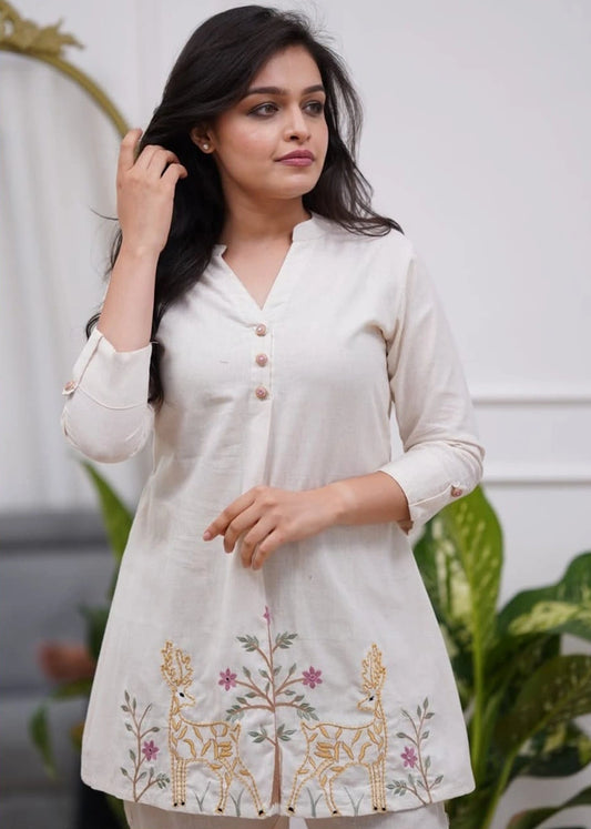 Women’s Cream Cotton Flex Co-ord Set with Embroidery