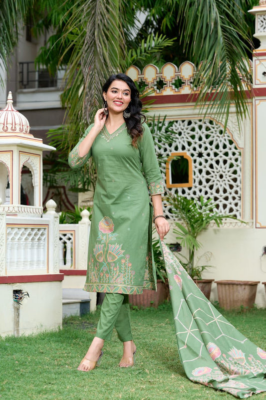 Women's Premium Mal Cotton Kurti Pant with Dupatta