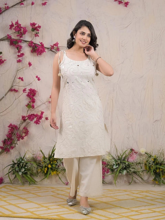 Summer Bloom Embroidered Cotton Kurti Palazzo Set