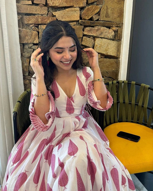 Women Floral Frill Cotton Printed Gown