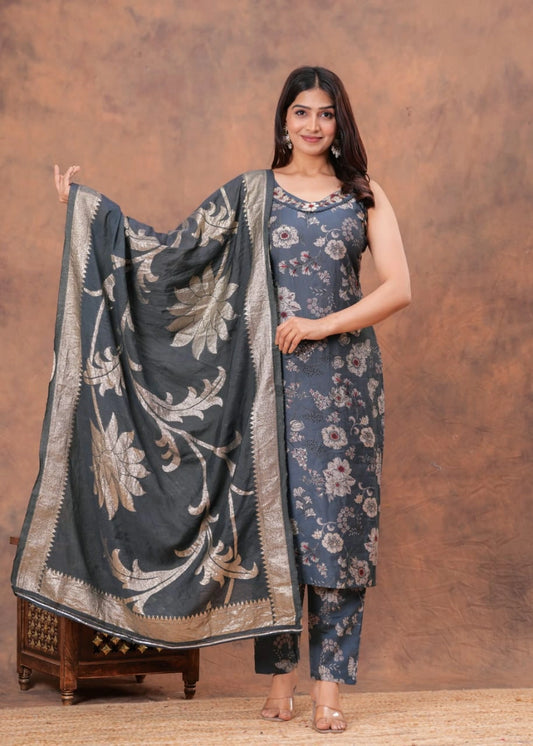 Women’s Vatican Muslin Kurti Pant Dupatta Set with Handwork & Chanderi Dupatta