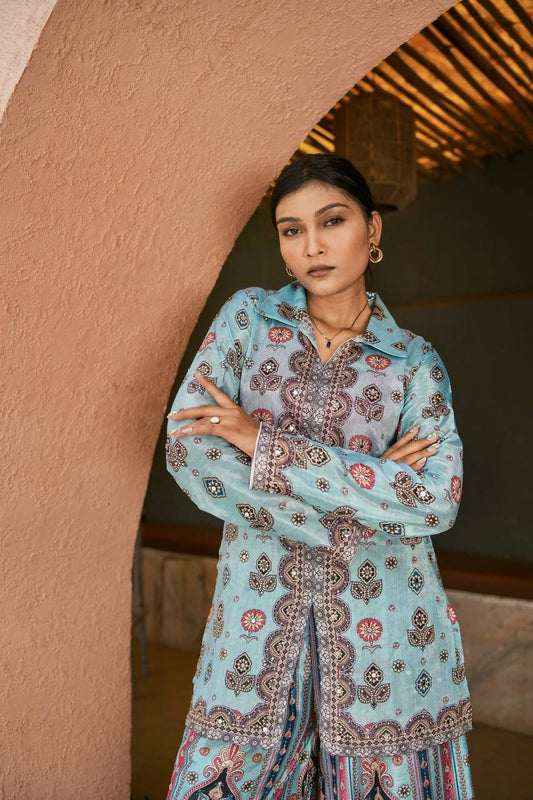 Signature Chinon Silk Festive Co-ord Set with Mirror & Stone Handwork