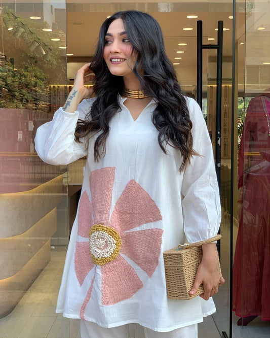 Pink Sunflower Embroidered Pure Cotton Co-ord Set – Sparrow Queen