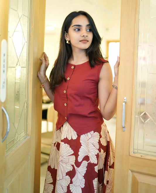 Rust Red Premium Cotton Skirt Set with Button-Detail Top