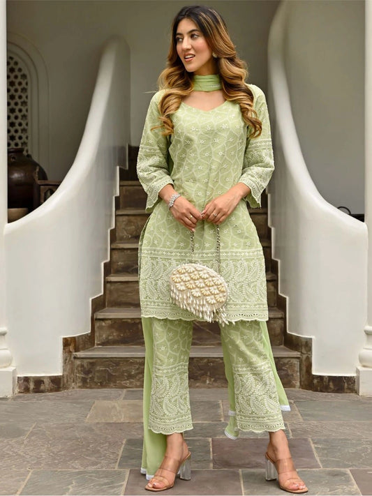 Women Green Embroidered Cotton Kurta with Trousers & Dupatta