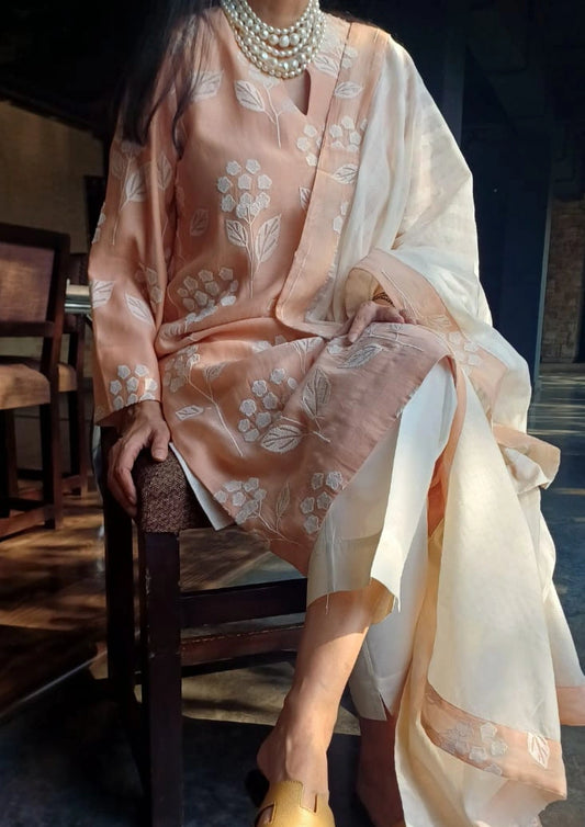 Alia Bhatt Inspired Peach Mul Chanderi Kurta Set