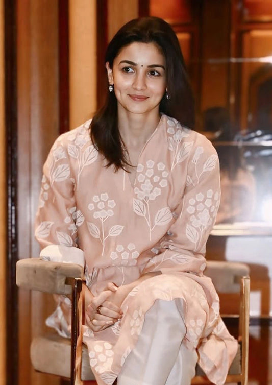 Alia Bhatt Inspired Peach Mul Chanderi Kurta Set