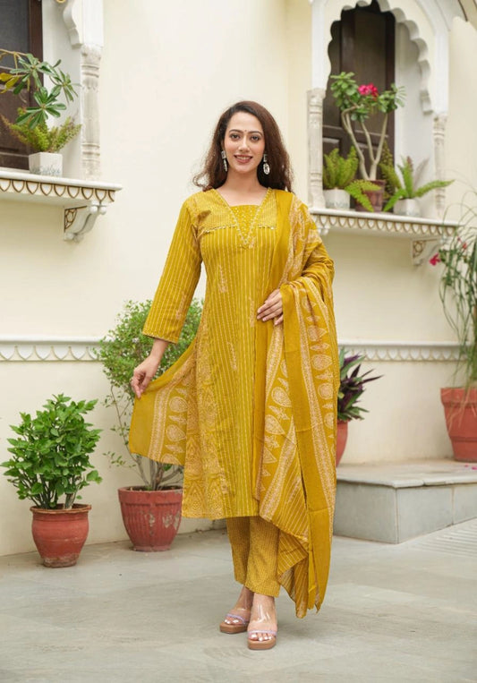 AnokhiVastra Mustard Handworked Women Cotton Coord Set with Dupatta