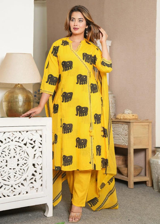 Women Cotton Elephant Print Kurta Set with Dupatta