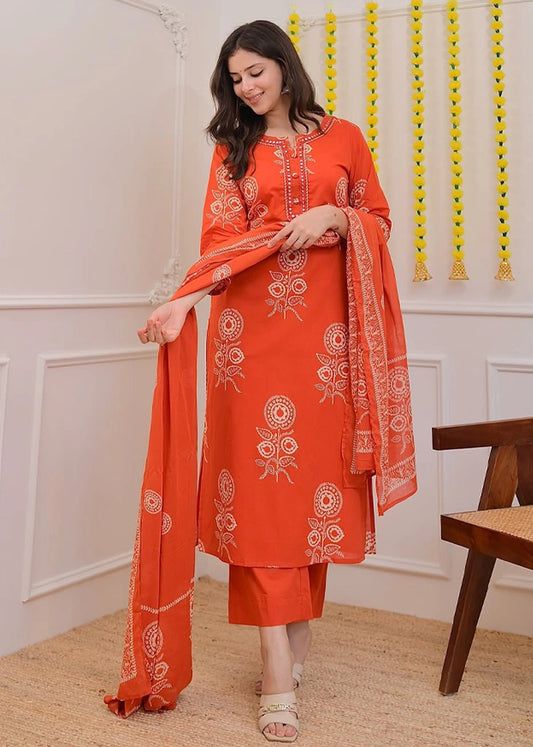 Women Cotton Print Suit Set with Mulmul Dupatta