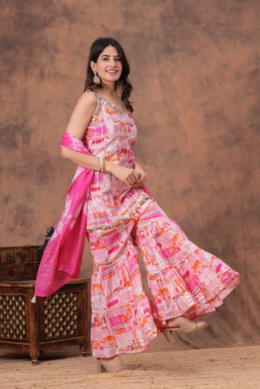 Heavy Muslin Digital Foil Print Kurti Sharara with Dupatta