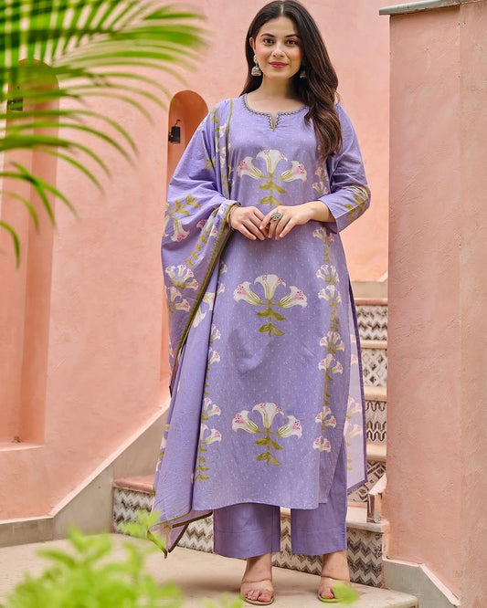 Lily Floral Printed Cotton Suit Set with Dupatta