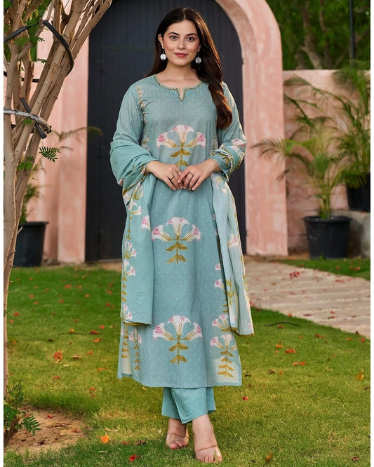 Lily Floral Printed Cotton Suit Set with Dupatta