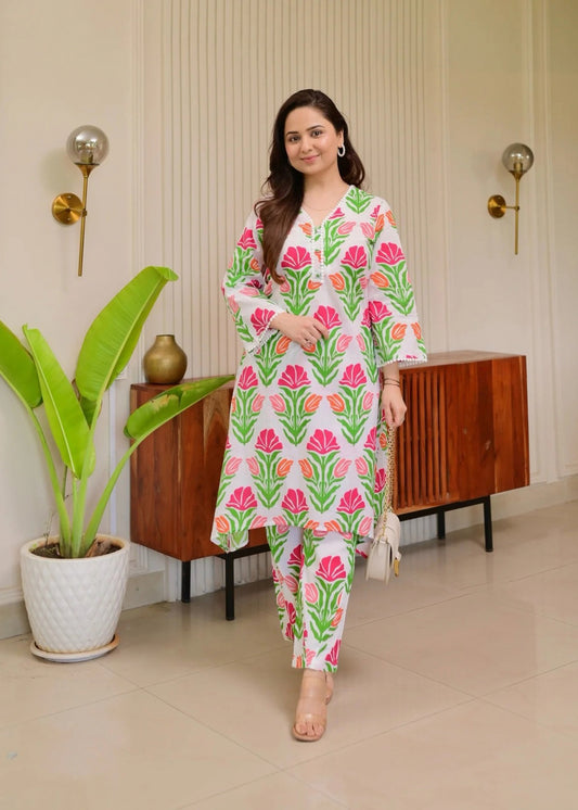 Floral Cotton Co-ord Set for Women – Stylish Printed Kurti with Matching Pants