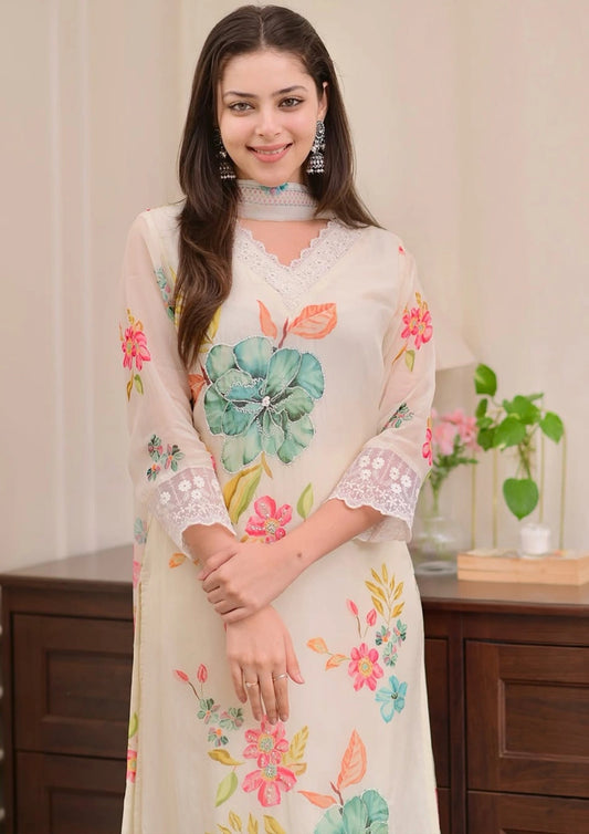 AnokhiVastra Suit Set with Digital Print, Handwork, Chanderi Silk Pants & Organza Dupatta