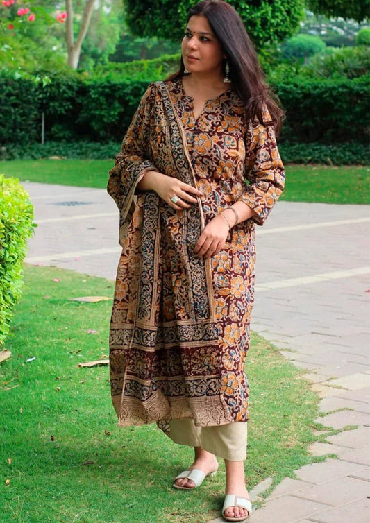 Women’s Kalamkari Cotton Kurti Set With Dupatta