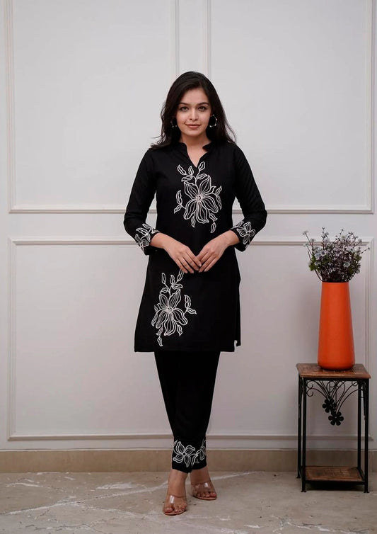 Black Cotton Embroidered Co-ord Set for Women