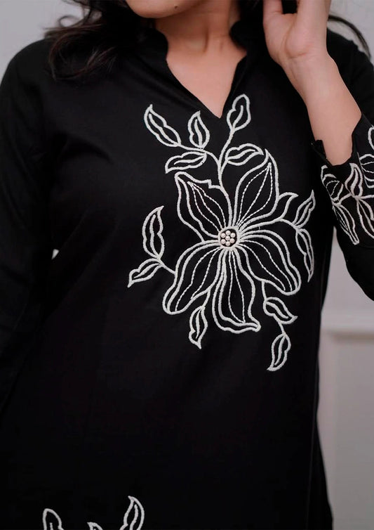 Black Cotton Embroidered Co-ord Set for Women
